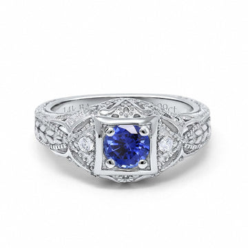 14K White Gold 0.15ct Round Antique Style 5mm G SI Lab Blue Sapphire Diamond Engagement Wedding Ring Size 6.5
